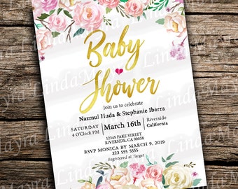 Digital Invitation Elegant Baby Shower Floral Gold Rustic Pink  NOT INSTANT
