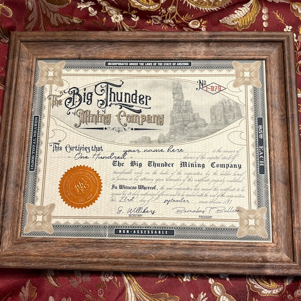 Big Thunder Stock Certificate - PERSONALIZABLE