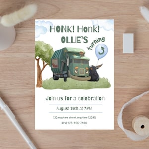 May include: A green garbage truck with a smiling face and a blue balloon that says "turning 3" is featured on a birthday invitation. The invitation says "HONK! Honk! Ollie's turning 3" and includes the date, time, address, and RSVP information.