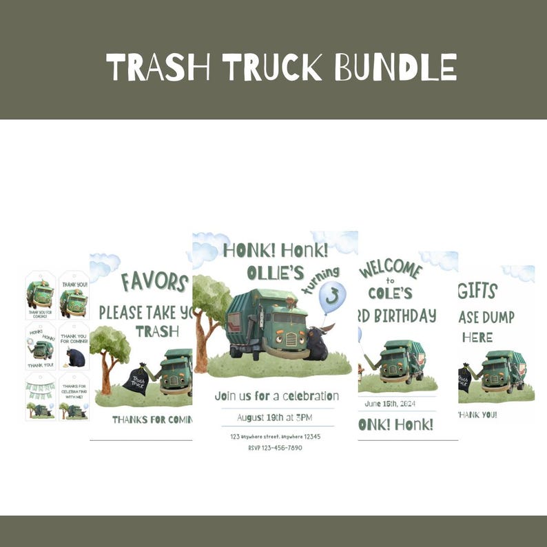 K&ouml;nnte beinhalten: Ein druckbares Party-Paket mit einem gr&uuml;nen M&uuml;llwagen mit dem Text "Honk! Honk! Ollie's turning 3" und "Welcome to Cole's 3rd Birthday". Das Paket enth&auml;lt Geschenkanh&auml;nger, ein Schild f&uuml;r Geschenke, eine Geburtstagseinladung und ein Schild f&uuml;r Geschenke.