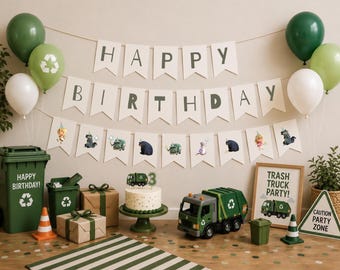 trash truck birthday banner, party banner decor, DIY trash truck character birthday banner