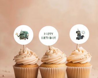 Trash Truck Cupcake Toppers, Trash Truck Charaktere, Cupcake-Picks svg, herunterladbare Mülltruck-Geburtstagskuchendeko