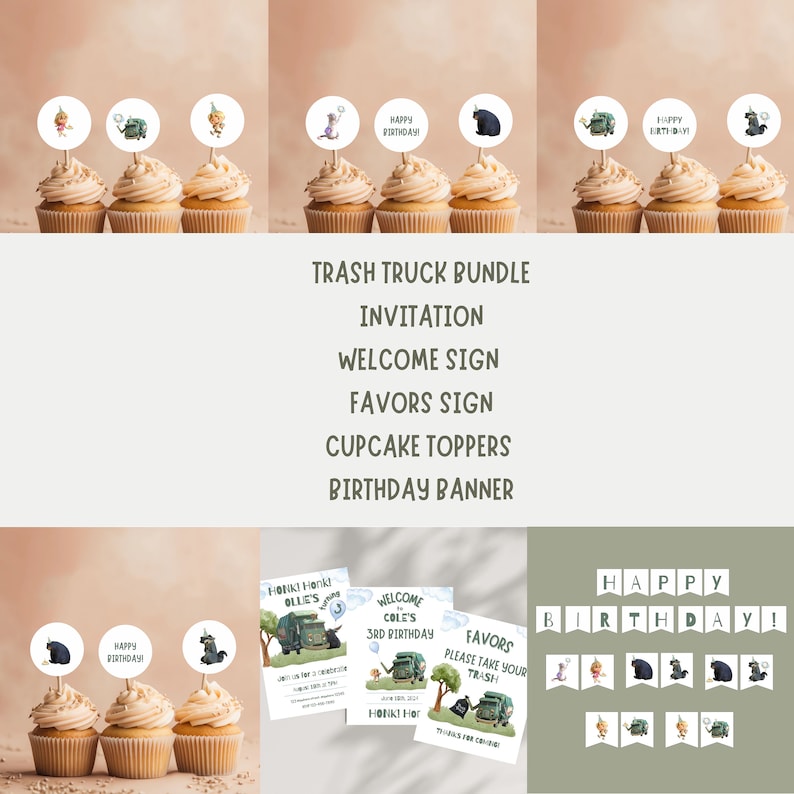 K&ouml;nnte beinhalten: Eine Sammlung von Partyzubeh&ouml;r mit M&uuml;llwagen-Thema. Das Bild zeigt Cupcakes mit Toppern, Einladungen, ein Willkommensschild, Gastgeschenkschilder und ein Geburtstagsbanner. Der Text enth&auml;lt "Trash Truck Bundle", "Happy Birthday!" und "Favors Please Take Your Trash".