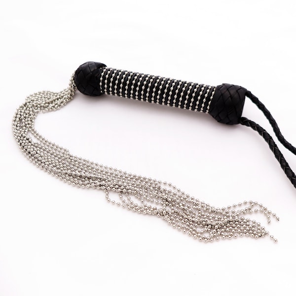 Chain Flogger with Leather Handle - Metal Flogger for Master, Dom, Sub BDSM Fetish - Submissive Sex Toy for Sensation and Impact Play