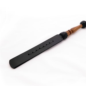 High Impact Leather BDSM Paddle with Dark Wood Handle
