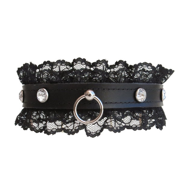 Leather Jeweled Collar with Black Lace for BDSM, Premium Leather Bondage for Subs, Submissive, O Ring Choker with Four Gems, Kinky Gift