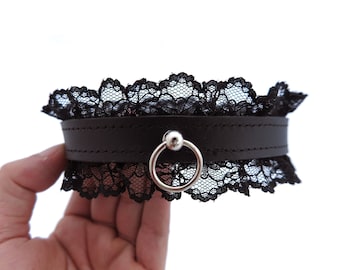 Leather BDSM Collar with Black Lace, Premium Leather Bondage for Subs, Submissive, O Ring Choker, Kinky Gift