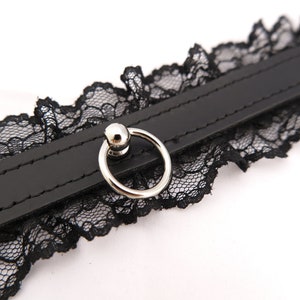 Leather BDSM Collar with Black Lace, Leather Bondage for Subs, Submissive O Ring Choker Kinky Gift image 2