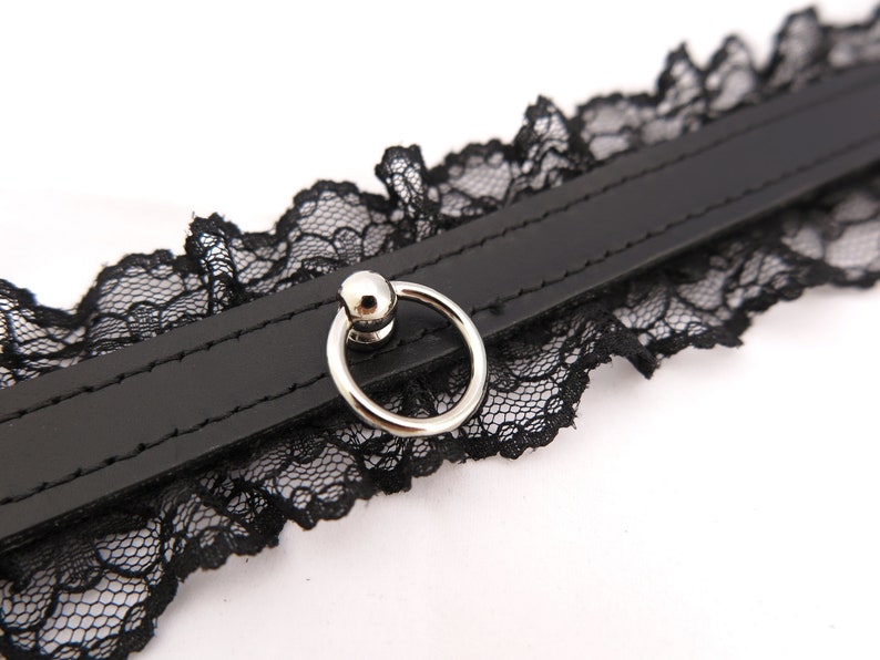 Leather BDSM Collar with Black Lace, Leather Bondage for Subs, Submissive O Ring Choker Kinky Gift image 2