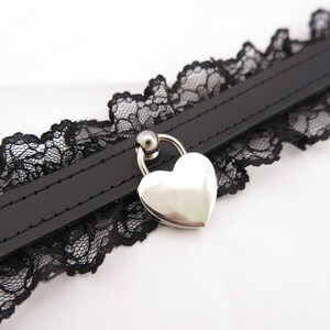 Leather BDSM Collar with Black Lace, Leather Bondage for Subs, Submissive O Ring Choker Kinky Gift image 3