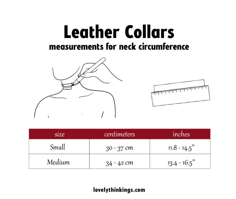 May include: A chart showing leather collar sizes in inches and centimeters. The chart shows the neck circumference for small and medium sizes. The chart is labeled "Leather Collars" and "measurements for neck circumference".
