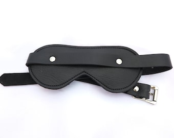 Leather Blindfold: Black Faux Fur Lined Eye Mask, Adjustable Buckle