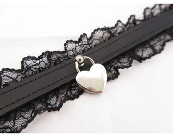 Black Lace Leather Choker - Kinky Heart Collar with Add On Cuffs - Fetish Bondage Kit