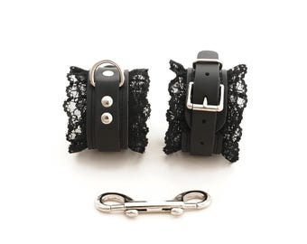 Leather BDSM Cuffs with Black Lace for Wrists or Ankles, Lace Bondage Cuffs, Premium Leather Submissive Bondage Restraints