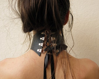 Leather Posture Collar: Black Goth Choker with Satin Ribbon