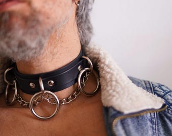 Leather Collar with Chain and 3 Heavy Duty Rings and Locking Buckle