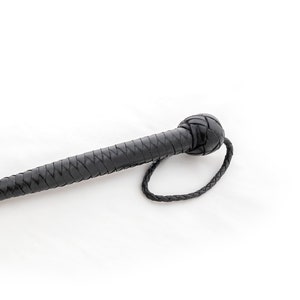 May include: A black leather braided whip with a knotted handle.