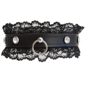 Leather BDSM Collar with Black Lace, Leather Bondage for Subs, Submissive O Ring Choker Kinky Gift image 5