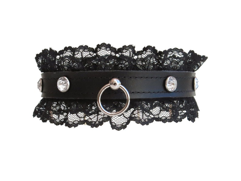 Leather BDSM Collar with Black Lace, Leather Bondage for Subs, Submissive O Ring Choker Kinky Gift image 5