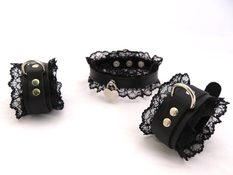 Leather BDSM Collar with Black Lace, Leather Bondage for Subs, Submissive O Ring Choker Kinky Gift image 10
