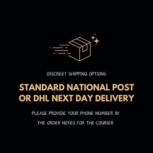 May include: A gold outline of a box with a star above it, with the text "DISCREET SHIPPING OPTIONS STANDARD NATIONAL POST OR DHL NEXT DAY DELIVERY PLEASE PROVIDE YOUR PHONE NUMBER IN THE ORDER NOTES FOR THE COURIER"
