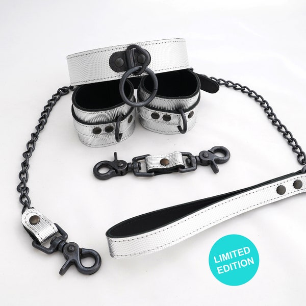 Sub Collar in Metallic Leather, BDSM Kit or Bondage Set with Collar, Leash, and Cuffs, Premium Mature Kinky Sex Toys Gift, Limited Edition