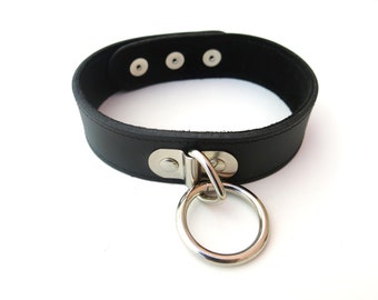 Leather Collar with Suede Lining and Metal Ring