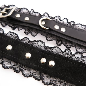 Leather BDSM Collar with Black Lace, Leather Bondage for Subs, Submissive O Ring Choker Kinky Gift image 9
