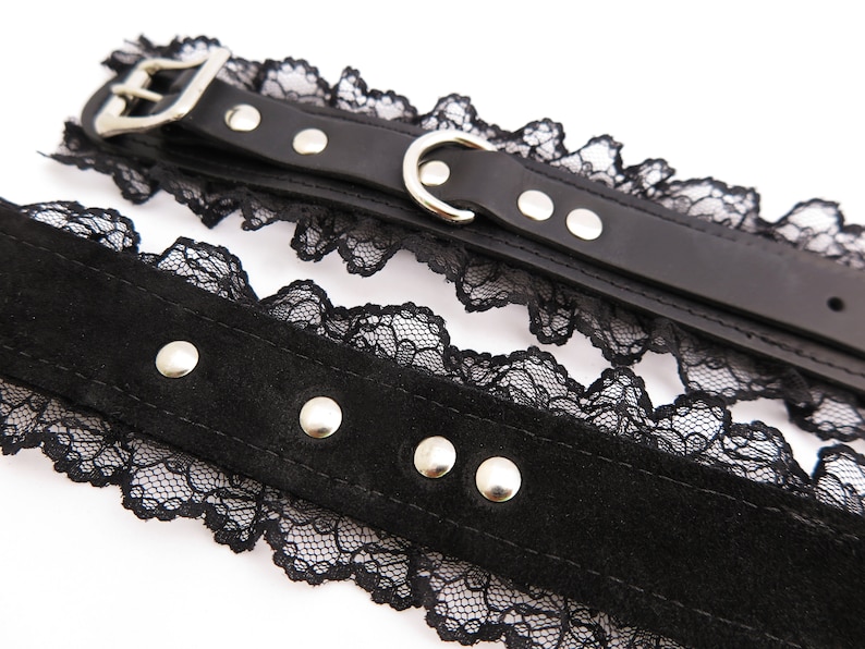 Leather BDSM Collar with Black Lace, Leather Bondage for Subs, Submissive O Ring Choker Kinky Gift image 9