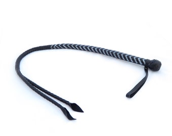 Leather Twin Tail Whip in Metallic Blue and Black Leather, Signal Whip with Leather Handle for Wrist. Bullwhip BDSM Whip