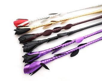 Leather Riding Crop: Rose Petal Tip, Braided Handle, BDSM Impact Play - 56cm / 22in