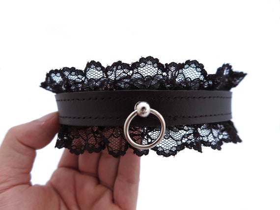 Leather BDSM Collar with Black Lace, Premium Leather Bondage for Subs, Submissive, O Ring Choker, Kinky Gift