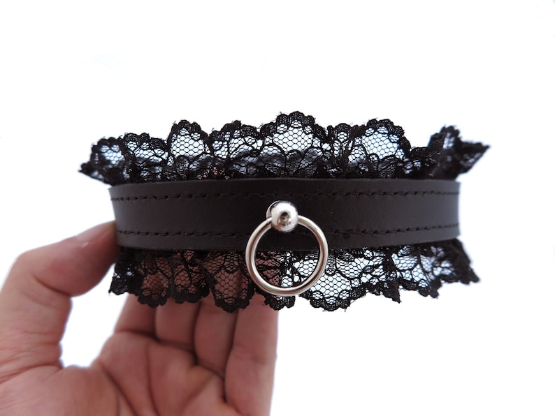 Leather BDSM Collar with Black Lace, Leather Bondage for Subs, Submissive O Ring Choker Kinky Gift image 1