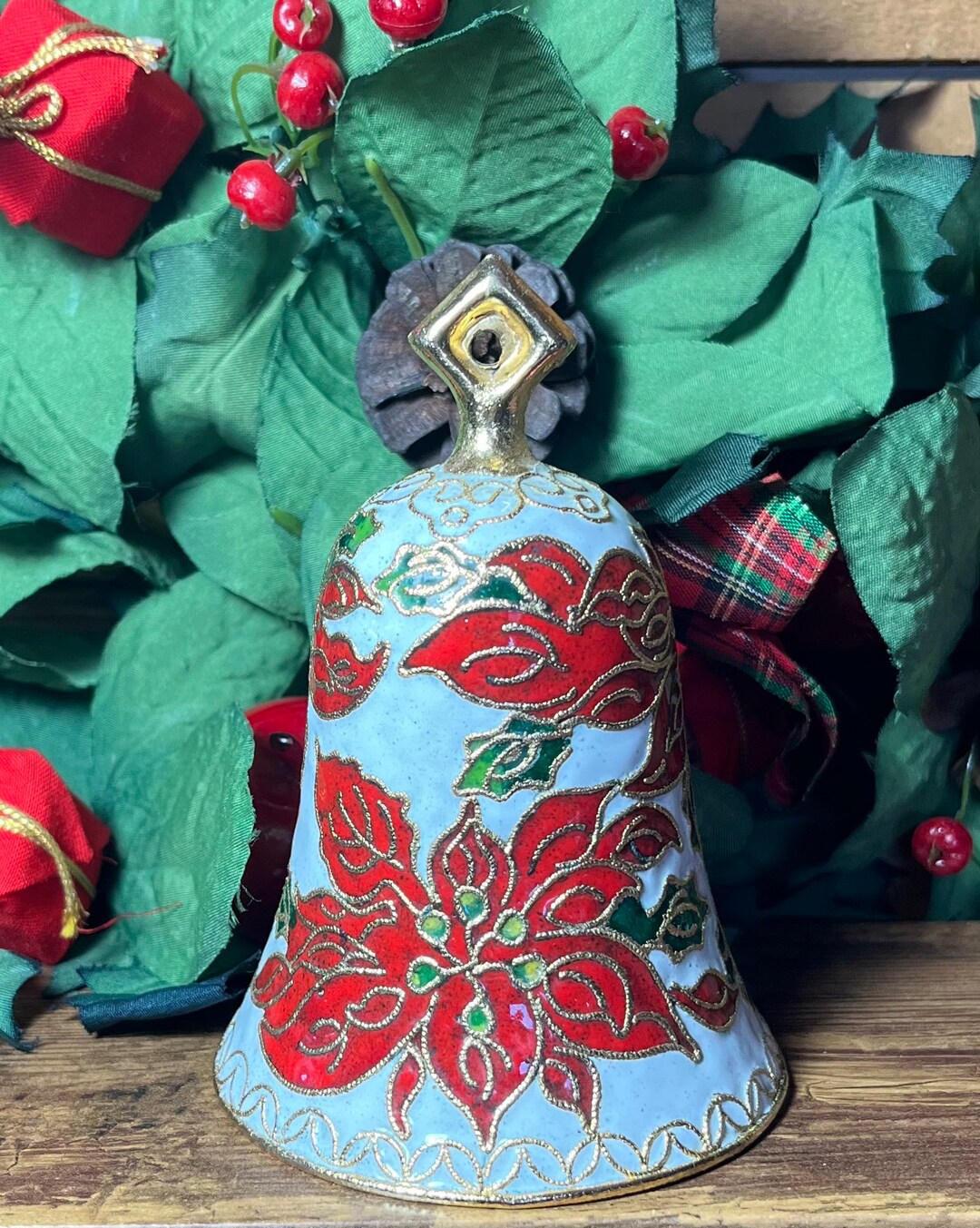 Vintage CLOISONNE Christmas, Bell, White and Gold Enamel With Bright