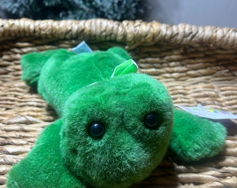 Rare, vintage, adorable, frog named Hopper, move me up and down and I’ll talk green Easter, plush stuffed frog