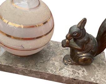 Art Deco French Table Lamp With Squirrel and Globe Shade on Marble Base