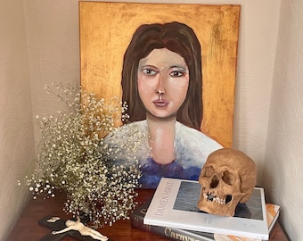 Icono religioso, pintura al óleo sobre lienzo de la Virgen María (80 x 60 cm)