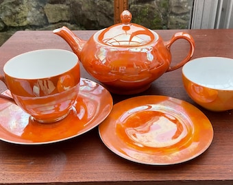 Vintage Czechoslovakian Orange Lustreware Tea Pot, Cup, Saucer, Side Plate & Sugar Bowl