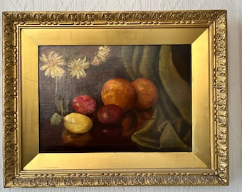 Pintura al óleo antigua de frutas y flores, marco dorado, bodegón vintage