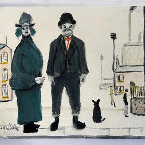 May include: An original oil painting depicts two figures in dark attire, standing on a sidewalk with a small black dog. The figures wear hats and stand in front of buildings. The painting has a naive art style.