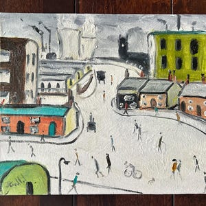 May include: An abstract oil painting depicting a town scene with buildings, people, and a bicycle. The buildings are painted in various colors, including brown, green, and orange. The sky is a muted gray, and the overall style is impressionistic.