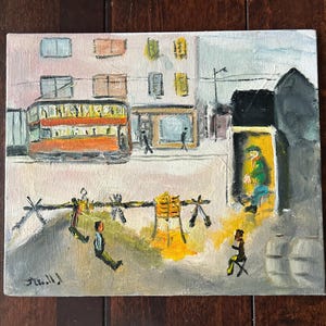 May include: Oil painting depicting a street scene with a red trolley car, buildings, and figures. The artwork features a warm color palette with orange, yellow, and green accents. The artist's signature is in the lower left corner.
