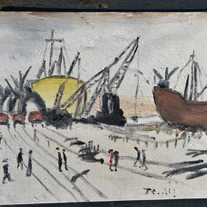 May include: An abstract oil painting of a harbor scene. The artwork features a yellow structure, a brown ship, and several cranes. Silhouetted figures walk along the docks. The painting uses a muted color palette with visible brushstrokes.
