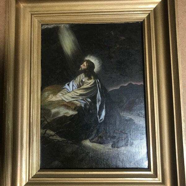 Original Antique Oil On Board Painting Jesus In The Wilderness In A Gilt Frame Dated 1915