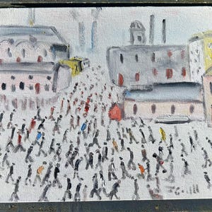 May include: An oil painting depicts a bustling city scene. Numerous figures in dark attire populate a central square, surrounded by buildings in shades of gray and white. Pops of color, including red and yellow, add visual interest to the artwork.