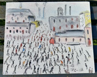 May include: An oil painting depicts a bustling city scene. Numerous figures in dark attire populate a central square, surrounded by buildings in shades of gray and white. Pops of color, including red and yellow, add visual interest to the artwork.