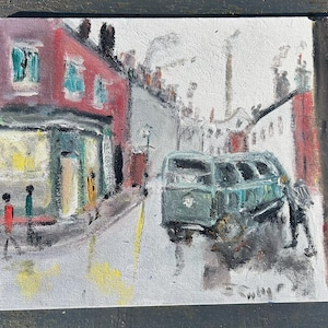 May include: Oil painting of a street scene with a teal-colored bus parked on the side of the road. Buildings with red and white facades line the street. Two figures walk on the sidewalk in the foreground. The artwork is on a white canvas.