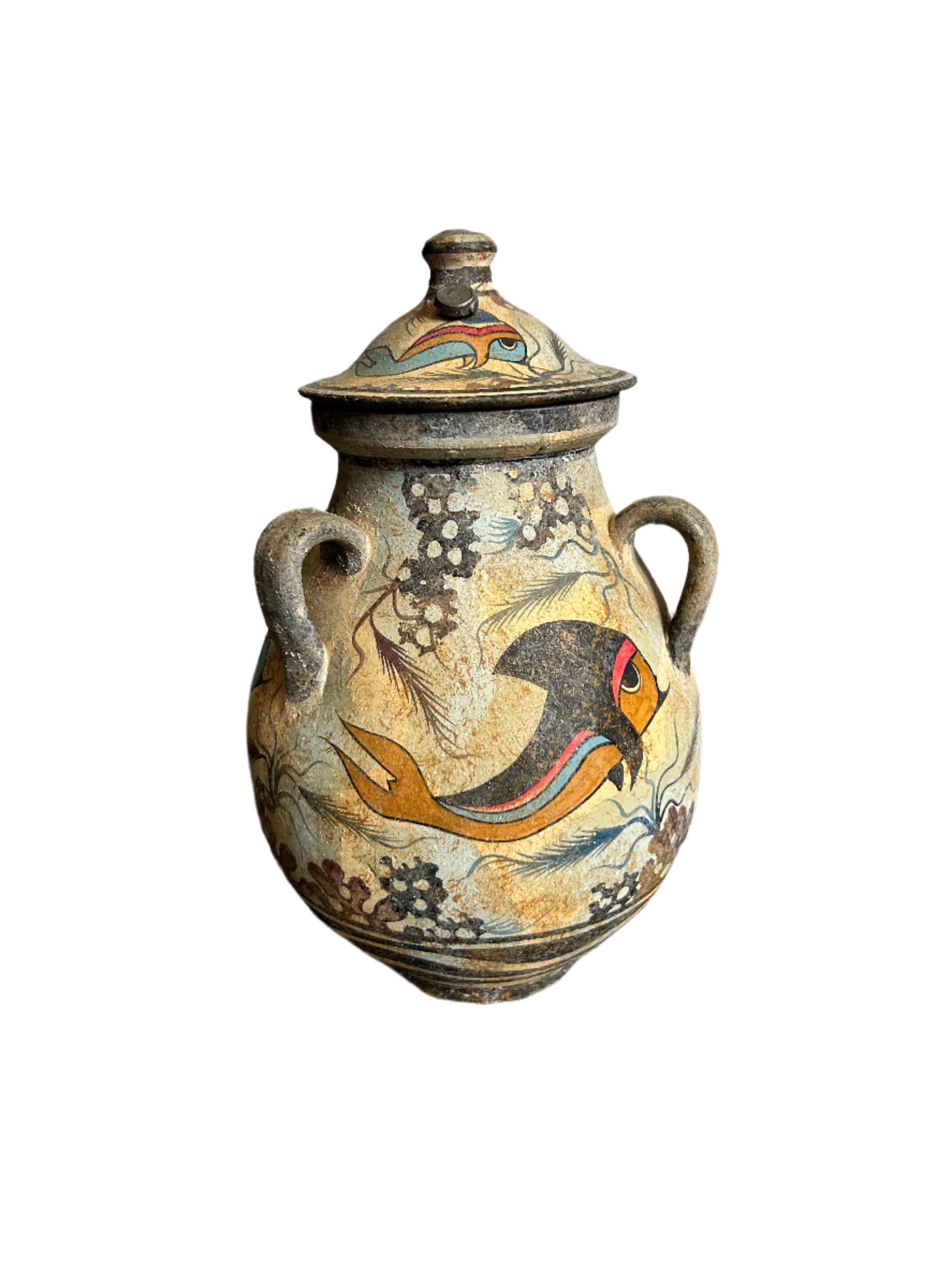 ギリシャ クレタ島製 手描き壺 4038 ギリシャ土産 両手壺 ハンドメイド COPY