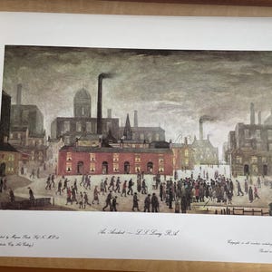 May include: A black and white print of a painting depicting a street scene in a town with factories and smoke stacks. The painting is titled "The Incident" by L.S. Lowry R.B.A.