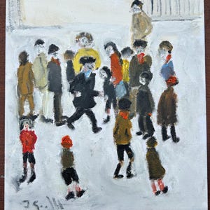 May include: An oil painting depicts a group of people in winter clothing, possibly children, in a snowy outdoor scene. The figures are painted in various colors, including red, yellow, and brown. The artwork has a textured, impressionistic style.
